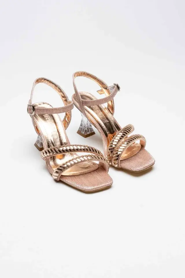 Rose Gold Taşlı Kadın Topuklu Sandalet | BUCCA