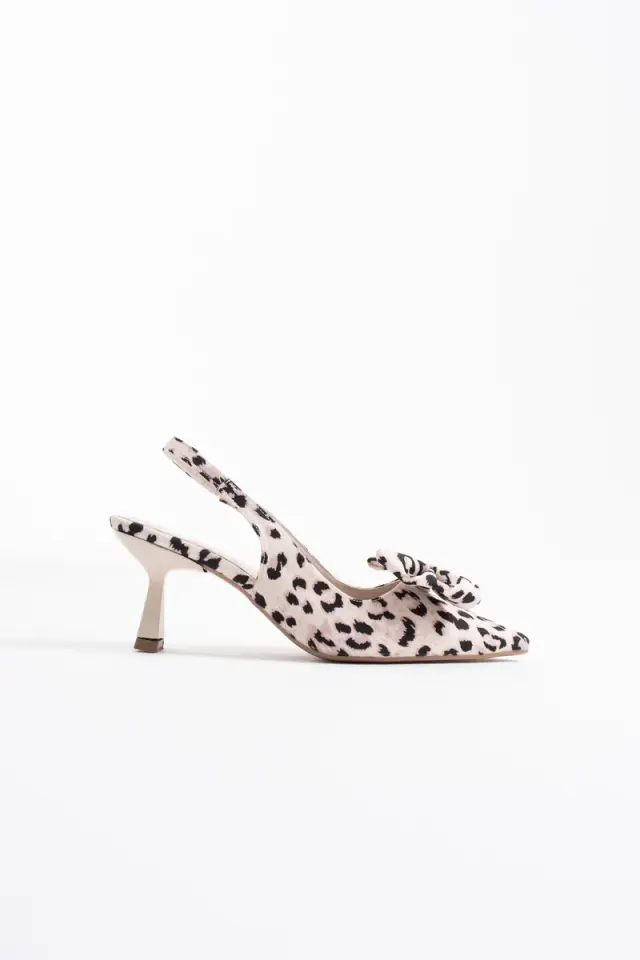 Bej Leopar Fiyonklu Kitten Topuklu Slingback Kadın Ayakkabı BUCCA08MS24E