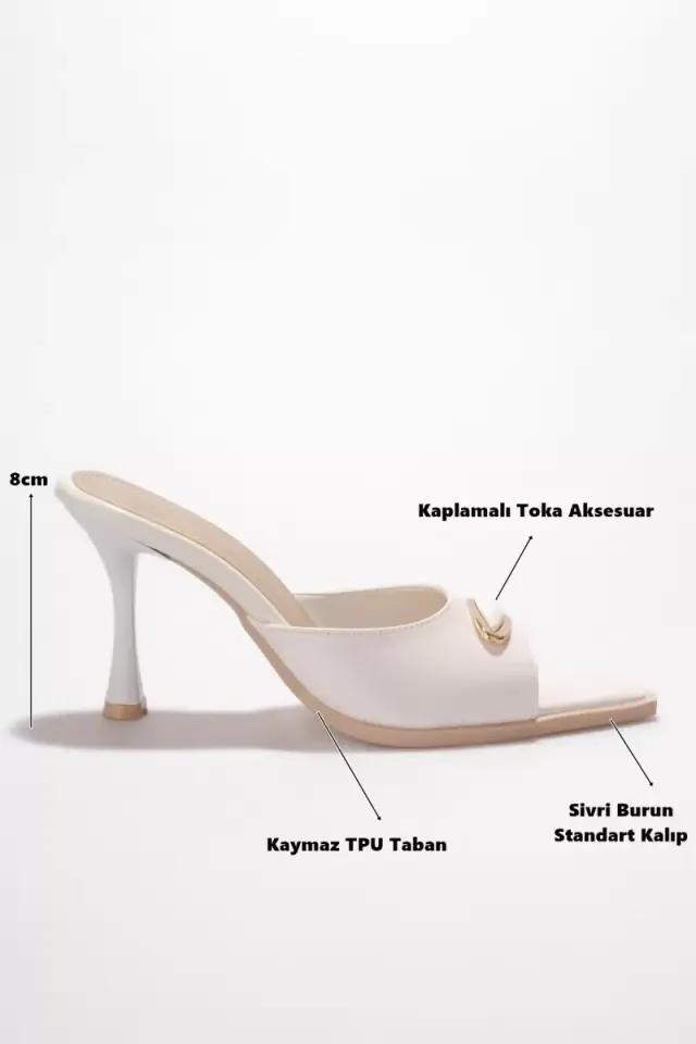 Kadın Beyaz Rugan Sivri Burun 8cm İnce Topuklu Abiye Terlik TR42MY01B