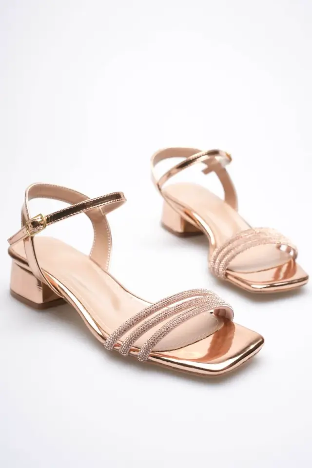 Rose Gold Taş Detaylı Kadın Kalın Topuklu Şık Sandalet | BUCCA