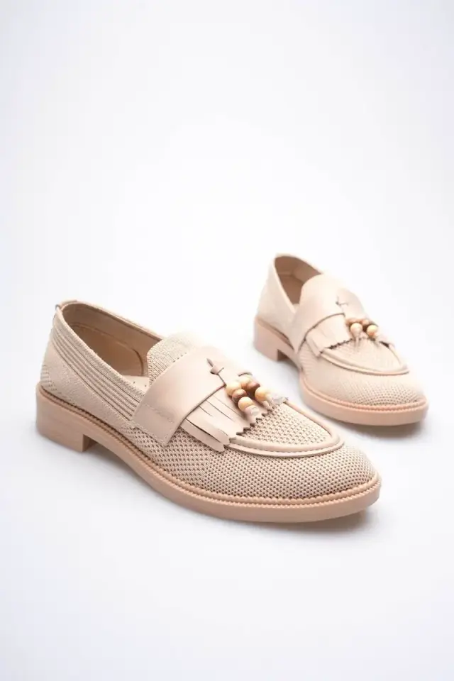 BUCCA Kadın Bej Dokulu Püskül Detaylı Günlük Loafer Ayakkabı BUCCA30MS01B