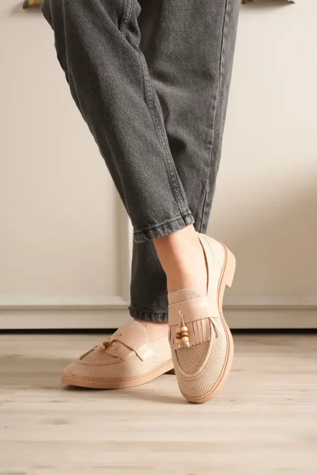 BUCCA Kadın Bej Dokulu Püskül Detaylı Günlük Loafer Ayakkabı BUCCA30MS01B