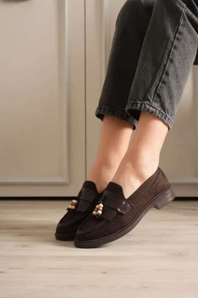 BUCCA Kadın Kahverengi Dokulu Püskül Detaylı Günlük Loafer Ayakkabı BUCCA30MS01C
